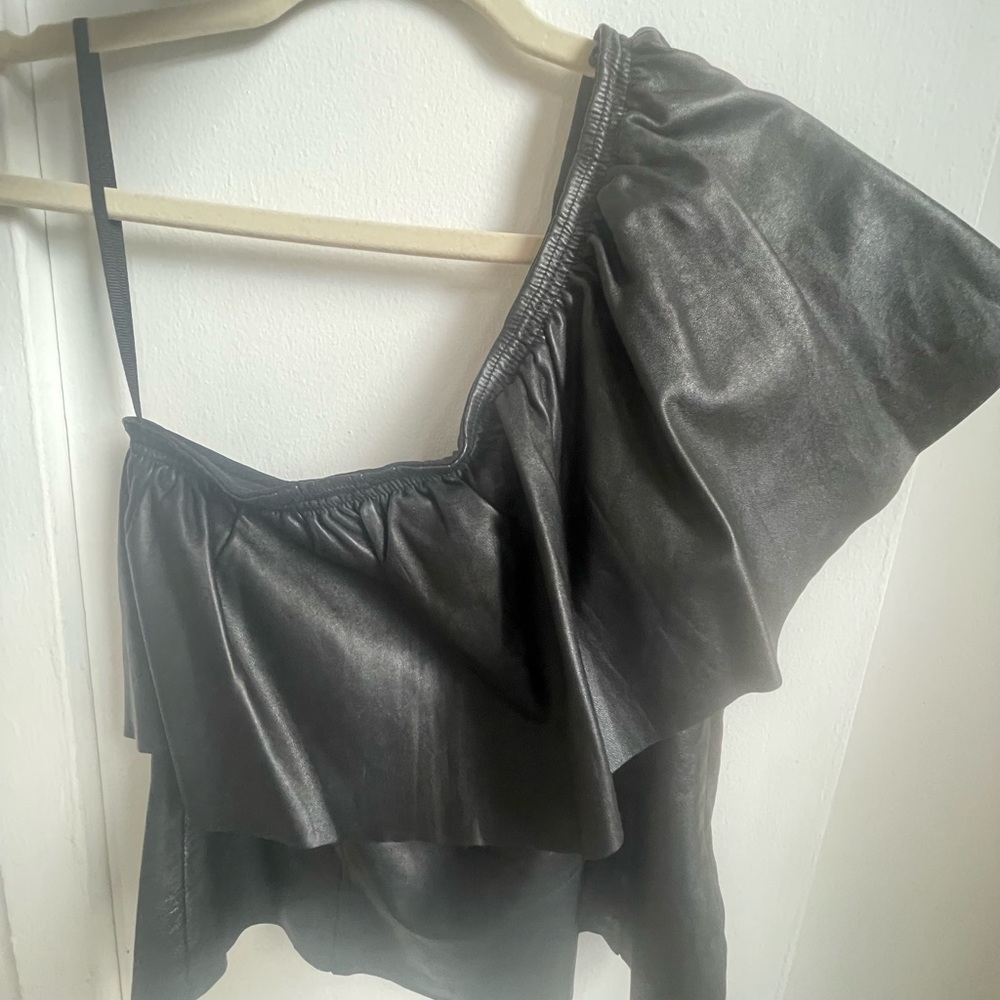 ALC black leather one shoulder ruffle top